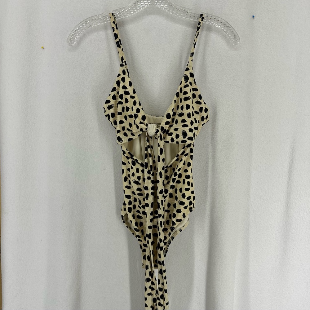 Aerie Pique Wrap‎ One Piece Swimsuit Animal Print Cutout XS Beige